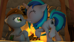Size: 3840x2160 | Tagged: safe, artist:drdicksamazingstick, oc, oc only, oc:homage, oc:littlepip, species:pony, species:unicorn, fallout equestria, 3d, :o, boop, cute, cutie mark, eyes closed, fanfic, fanfic art, female, filly, fire, floppy ears, grin, hooves, horn, oc x oc, open mouth, raised hoof, raised leg, shipping, sitting, smiling, source filmmaker, standing, younger