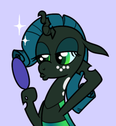 Size: 362x393 | Tagged: safe, artist:syggie, character:queen chrysalis, species:changeling, ask the changeling princess, changeling queen, cute, cutealis, duckface, female, filly, filly queen chrysalis, foal, freckles, hairstyle, implied rarity, mirror, nymph, princess chrysalis, solo, younger