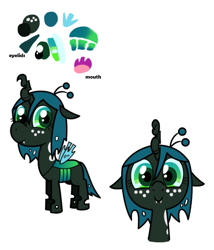 Size: 600x700 | Tagged: safe, artist:syggie, character:queen chrysalis, species:changeling, ask the changeling princess, changeling queen, crown, cute, cutealis, eyelid, fangs, female, filly, filly queen chrysalis, foal, freckles, jewelry, looking at you, mouth, nymph, reference sheet, regalia, simple background, small wings, smiling, smiling at you, solo, text, white background, wings, younger
