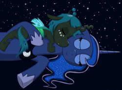 Size: 679x502 | Tagged: safe, artist:syggie, character:princess luna, character:queen chrysalis, species:alicorn, species:changeling, species:pony, ask the changeling princess, changeling queen, clothing, crown, cute, cutealis, duo, duo female, eyes closed, female, filly, filly queen chrysalis, foal, freckles, jewelry, mare, necklace, nymph, regalia, shoes, sky, sleeping, sleeping together, small wings, smiling, snuggling, stars, wings, younger