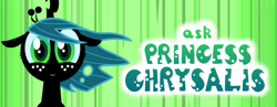 Size: 873x337 | Tagged: safe, artist:syggie, character:queen chrysalis, ask, ask the changeling princess, banner, bust, crown, cute, cutealis, female, filly, filly queen chrysalis, foal, freckles, jewelry, looking at you, nymph, princess chrysalis, regalia, smiling, smiling at you, solo, text, tumblr, younger