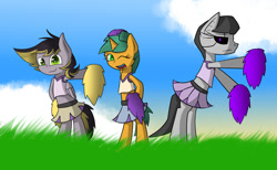 Size: 1280x789 | Tagged: safe, artist:mechashockwave, character:octavia melody, character:snails, oc, oc:aero, parent:derpy hooves, parent:oc:warden, parents:canon x oc, parents:warderp, species:pegasus, species:pony, ask-robot-octavia, bipedal, cheerleader, clothing, colt, crossdressing, cute, glitter shell, grass, looking at you, male, midriff, offspring, open mouth, pom pom, robot, robot pony, roboticization, semi-anthro, skirt, smiling, wink