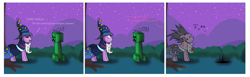 Size: 2161x668 | Tagged: safe, artist:kiyoshiii, character:twilight sparkle, species:pony, comic, creeper, death, explosion, female, mare, minecraft, missing horn, nightmare night, offscreen character, star swirl the bearded costume, x eyes