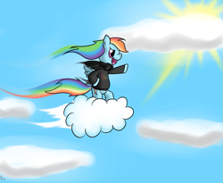 Size: 1037x849 | Tagged: safe, artist:kiyoshiii, character:rainbow dash, species:pegasus, species:pony, bipedal, clothing, cloud, cloudy, female, flying, headphones, hoodie, mare, open mouth, pointing, signature, sky, solo, sun