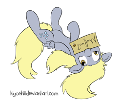 Size: 800x674 | Tagged: safe, artist:kiyoshiii, character:derpy hooves, species:pegasus, species:pony, female, mare, mouth hold, on back, sign, simple background, solo, transparent background, upside down