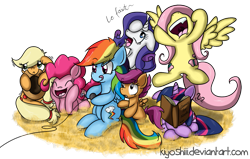 Size: 1033x658 | Tagged: safe, artist:kiyoshiii, character:applejack, character:fluttershy, character:pinkie pie, character:rainbow dash, character:rarity, character:scootaloo, character:twilight sparkle, species:earth pony, species:pegasus, species:pony, species:unicorn, book, dexterous hooves, faint, fangs, gamer dash, gamerdash, gaming, mane six, reading, scared, smiling, tongue out, yelling