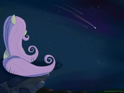 Size: 1024x768 | Tagged: safe, artist:kiyoshiii, character:fluttershy, species:pegasus, species:pony, cliff, female, night, shooting star, solo, stars