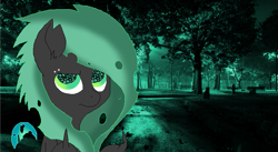 Size: 753x414 | Tagged: safe, artist:princessamity, oc, oc only, species:changeling, graveyard, looking at you, piercing, solo, unamused