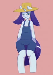 Size: 905x1280 | Tagged: safe, artist:gear-zs, character:rarity, species:anthro, episode:simple ways, g4, my little pony: friendship is magic, clothing, female, hat, overalls, rarihick, smiling, solo, straw hat