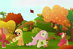 Size: 6270x4263 | Tagged: safe, artist:kaleysia, character:apple bloom, character:applejack, character:big mcintosh, character:fluttershy, oc, oc:cellini, parent:big macintosh, parent:fluttershy, parents:fluttermac, species:earth pony, species:pony, ship:fluttermac, absurd resolution, female, filly, kite, male, offspring, older, older apple bloom, orchard, shipping, stallion, straight, windswept mane, windy