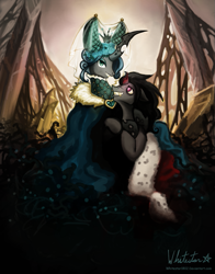 Size: 943x1200 | Tagged: safe, artist:whitestar1802, character:king sombra, character:queen chrysalis, ship:chrysombra, broken horn, couple, female, heart, heart eyes, male, shipping, straight