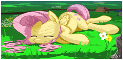 Size: 1352x664 | Tagged: safe, artist:shnider, character:fluttershy, species:pegasus, species:pony, :t, cute, eyes closed, female, field, flower, grass, horses doing horse things, on side, outdoors, shyabetes, sleeping, solo