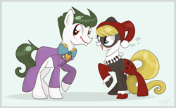 Size: 4681x2886 | Tagged: safe, artist:balloons504, batman, batman the animated series, clothing, dc comics, female, harley quinn, heart, mad love, male, ponified, straight, the joker