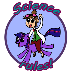 Size: 400x400 | Tagged: safe, artist:syggie, character:twilight sparkle, ace attorney, crossover, ema skye, riding, science, that pony sure does love science