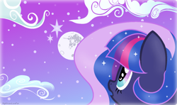 Size: 1024x607 | Tagged: safe, artist:nightmarelunafan, oc, oc only, oc:princess sparkling night, parent:princess luna, parent:twilight sparkle, parents:twiluna, ethereal mane, magical lesbian spawn, mare in the moon, moon, night, offspring, solo, wingding eyes