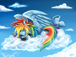 Size: 2048x1536 | Tagged: safe, artist:mimy92sonadow, character:rainbow dash, species:anthro, cloud, cloudy, female, solo