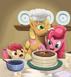 Size: 1090x1180 | Tagged: safe, artist:bakuel, character:apple bloom, character:applejack, character:pinkie pie, baking, cake, chef's hat, clothing, hat