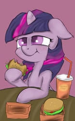 Size: 800x1280 | Tagged: safe, artist:macheteponies, character:twilight sparkle, character:twilight sparkle (alicorn), species:alicorn, species:pony, episode:twilight time, g4, my little pony: friendship is magic, atryl-ish, drink, eating, fast food, female, food, hay burger, mare, solo, style emulation, table, that pony sure does love burgers, twilight burgkle