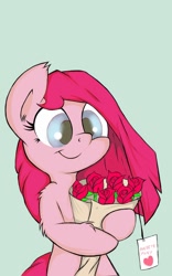 Size: 800x1280 | Tagged: safe, artist:macheteponies, character:pinkamena diane pie, character:pinkie pie, atryl-ish, bouquet, crush, cute, cuteamena, diapinkes, female, flower, holiday, in love, rose, secret admirer, smiling, solo, style emulation, valentine's day