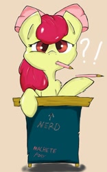Size: 800x1280 | Tagged: safe, artist:macheteponies, character:apple bloom, class, confused, desk, female, looking at you, mouth hold, pencil, solo