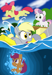 Size: 758x1095 | Tagged: safe, artist:shutterflye, character:apple bloom, character:derpy hooves, character:scootaloo, character:sweetie belle, species:pegasus, species:pony, cutie mark crusaders, female, floaty, mare, swimming, swimming pool