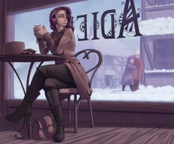 Size: 3616x2991 | Tagged: safe, artist:jakneurotic, character:rarity, species:human, boots, cafe, clothing, coat, cup, gloves, hat, high res, humanized, shoes, sitting, snow, stool, table, winter