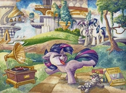 Size: 1024x756 | Tagged: safe, artist:the-wizard-of-art, character:shining armor, character:smarty pants, character:twilight sparkle, character:twilight velvet, species:pony, species:unicorn, :<, adorkable, book, canterlot, cute, dancing, do the sparkle, dork, eyes closed, female, filly, fluffy, frown, laughing, male, mare, music, open mouth, phonograph, picnic, raised hoof, raised leg, record player, shining adorable, smiling, stallion, tongue out, traditional art, twiabetes, velvetbetes, watercolor painting, weapons-grade cute