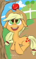 Size: 784x1280 | Tagged: safe, artist:macheteponies, character:applejack, apple, atryl-ish, chest fluff, cute, female, floppy ears, happy, looking up, open mouth, sitting, solo, style emulation, tree