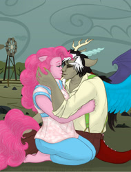Size: 2499x3287 | Tagged: safe, artist:zabchan, character:discord, character:pinkie pie, species:human, ship:discopie, barefoot, bedroom eyes, clothing, eared humanization, eye contact, feet, female, holding, horned humanization, humanized, imminent kissing, kneeling, male, pony coloring, rock farm, shipping, sitting, smiling, straight, tailed humanization, winged humanization