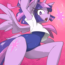 Size: 1000x1000 | Tagged: safe, artist:red-poni, character:twilight sparkle, character:twilight sparkle (alicorn), species:alicorn, species:pony, clothing, female, one-piece swimsuit, open mouth, school swimsuit, semi-anthro, solo, sukumizu, swimsuit