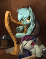 Size: 794x1008 | Tagged: safe, artist:bakuel, character:bon bon, character:lyra heartstrings, character:sweetie drops, harp, looking at you, musical instrument, sleeping