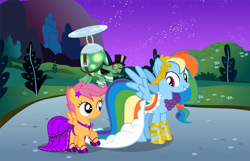 Size: 1484x957 | Tagged: safe, artist:choedan-kal, character:rainbow dash, character:scootaloo, character:tank, species:pegasus, species:pony, bow tie, clothing, dress, gala dress, hat, swag, top hat