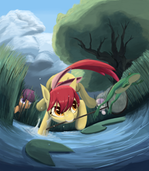 Size: 1398x1604 | Tagged: safe, artist:bakuel, character:apple bloom, character:scootaloo, character:sweetie belle, species:pegasus, species:pony, action pose, animal, butterfly net, chase, cutie mark crusaders, frog, mouth hold, net, pond, water, wet mane