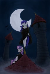 Size: 993x1463 | Tagged: safe, artist:bakuel, character:rarity, character:sweetie belle, species:bat, species:pony, bipedal, clothing, costume, duo, moon, night, raribat, roof, sisters, vampire
