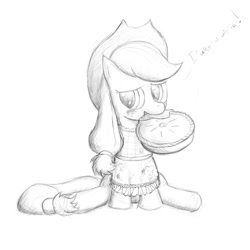 Size: 797x797 | Tagged: safe, artist:bakuel, character:applejack, female, food, looking at you, monochrome, mouth hold, pie, sitting, sketch, solo
