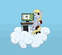 Size: 1222x1088 | Tagged: safe, artist:bakuel, character:derpy hooves, species:pegasus, species:pony, computer, female, gimp, mare, solo, wilber