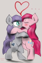 Size: 800x1190 | Tagged: dead source, safe, artist:macheteponies, character:maud pie, character:pinkamena diane pie, character:pinkie pie, species:earth pony, species:pony, ship:pinkiemaud, bipedal leaning, ear fluff, female, heart, incest, kissing, lesbian, piecest, shipping, siblings, sisters