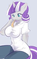 Size: 760x1200 | Tagged: safe, artist:fluttersin, character:twilight velvet, species:anthro, breasts, busty twilight velvet, feather, female, mouth hold, simple background, solo