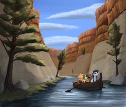 Size: 1517x1288 | Tagged: safe, artist:bakuel, character:braeburn, character:little strongheart, character:maud pie, species:buffalo, boat, river, scenery