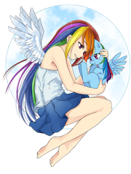 Size: 675x900 | Tagged: safe, artist:d-tomoyo, character:rainbow dash, species:human, species:pegasus, species:pony, barefoot, blushing, clothing, cloud, cute, dashabetes, feet, female, flying, grin, holding a pony, hug, human ponidox, humanized, lidded eyes, mare, miniskirt, missing cutie mark, on side, ponidox, simple background, skirt, smiling, spread wings, tank top, transparent background, winged humanization, wings