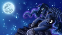 Size: 2500x1406 | Tagged: safe, artist:anadukune, character:princess luna, female, moon, night, prone, solo