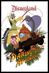 Size: 3926x5804 | Tagged: safe, artist:avastindy, character:daring do, character:pinkie pie, character:trixie, adventure, attraction, blackletter, disneyland, indiana jones, poster, ride, sethisto, skull, snake, temple