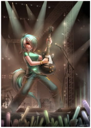 Size: 787x1105 | Tagged: safe, artist:emperpep, character:lyra heartstrings, character:on stage, species:human, fanfic:anthropology, blep, clothing, concert, epic, epiphone, epiphone les paul, fanfic art, female, guitar, hair over one eye, horned humanization, humanized, les paul, solo, solo focus, tailed humanization, tongue out