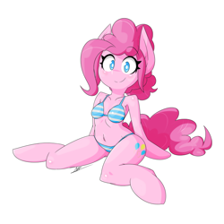 Size: 800x800 | Tagged: dead source, safe, artist:red-poni, character:pinkie pie, species:anthro, species:earth pony, species:pony, adorasexy, arm hooves, belly button, bikini, clothing, cute, diapinkes, female, sexy, sitting, smiling, solo, swimsuit, white pupils