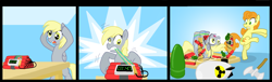 Size: 1600x488 | Tagged: safe, artist:shutterflye, character:carrot top, character:derpy hooves, character:golden harvest, species:pegasus, species:pony, bomb, comic, female, mare