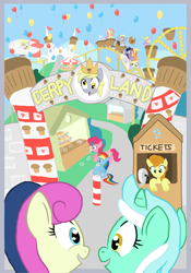 Size: 945x1350 | Tagged: safe, artist:shutterflye, character:angel bunny, character:applejack, character:bon bon, character:carrot top, character:derpy hooves, character:dinky hooves, character:fluttershy, character:golden harvest, character:lyra heartstrings, character:pinkie pie, character:rainbow dash, character:sweetie drops, character:twilight sparkle, species:earth pony, species:pegasus, species:pony, species:unicorn, amusement park, balloon, female, mare, muffin, theme park