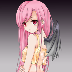 Size: 700x700 | Tagged: safe, artist:d-tomoyo, character:flutterbat, character:fluttershy, species:bat pony, species:human, anime, bat wings, breasts, clothing, cute, delicious flat chest, female, flattershy, gradient background, humanized, looking at you, race swap, short shirt, shyabates, shyabetes, solo, wing claws, winged humanization, wings