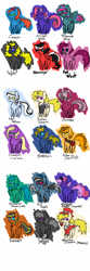 Size: 800x2400 | Tagged: safe, artist:familywing, character:applejack, character:fluttershy, character:pinkie pie, character:rainbow dash, character:rarity, character:twilight sparkle, oc, oc:alto soulflats, oc:bedlam soloarch, oc:curacao, oc:deeper maize, oc:governess, oc:grayscale force, oc:greener pastures, oc:hail hollow, oc:havocwing, oc:insipid, oc:ironheart, oc:kid klepto, oc:red velvet, oc:sandstorm, oc:solfeggia resonance, oc:starlight shadow, lunaverse, antiponies, clone six, crisis equestria, life in manehattan, lunatic six, manahex, mane six, manehattan verse, pointy ponies, wall of purple