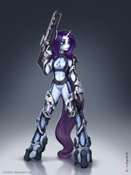Size: 3000x4000 | Tagged: safe, artist:vombavr, edit, character:rarity, species:anthro, species:unguligrade anthro, armor, female, gun, powered exoskeleton, rifle, science fiction, solo, tribes ascend, trigger discipline