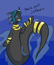 Size: 744x893 | Tagged: safe, artist:graytr, oc, oc only, oc:synch, species:changeling, species:sea pony, gold bangles, solo